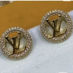 Louis Vuitton Gold Crystal Circle LV Stud Earrings
